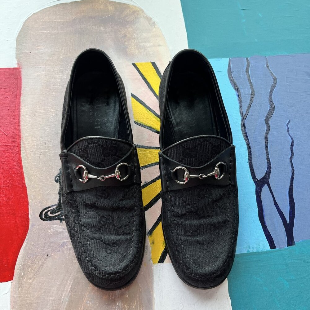 Gucci Size 39 GUCCI Black Canvas Horsebit Loafers Classic Slip On Shoes